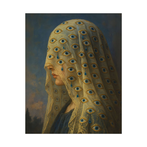 Fine art print of a woman in profile wearing a lace veil embroidered with multiple all-seeing eyes and blue teardrop details. The giclée reproduction features a romantic, gothic painting style with symbolic motifs, perfect for dark academia interiors, witchy decor, and spiritual spaces. Printed on soft textured archival paper in multiple sizes.